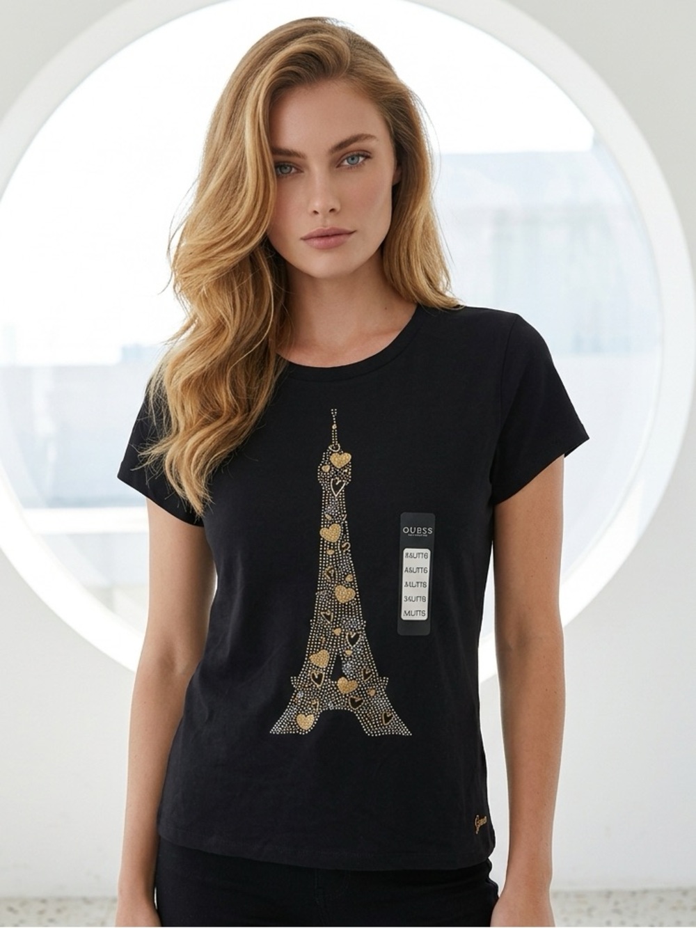 ***NWT***GUESS Black Short-Sleeve Tee with Gold Eiffel Tower Stud Graphic